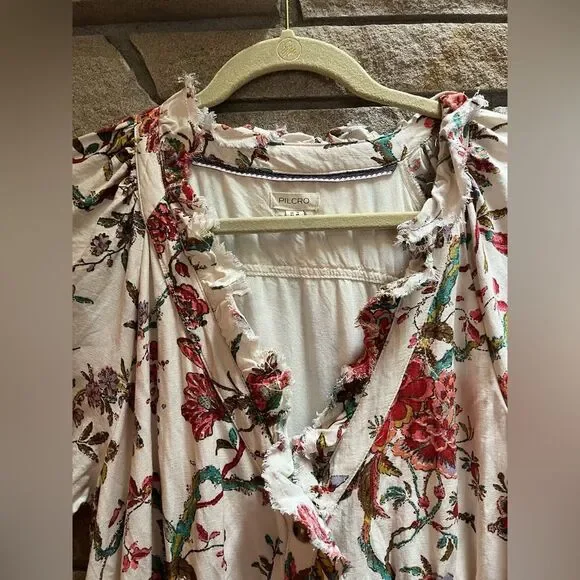 Anthropologie Pilcro Ruffle-Collar Buttondown Dress Cream Floral Boho Size 12